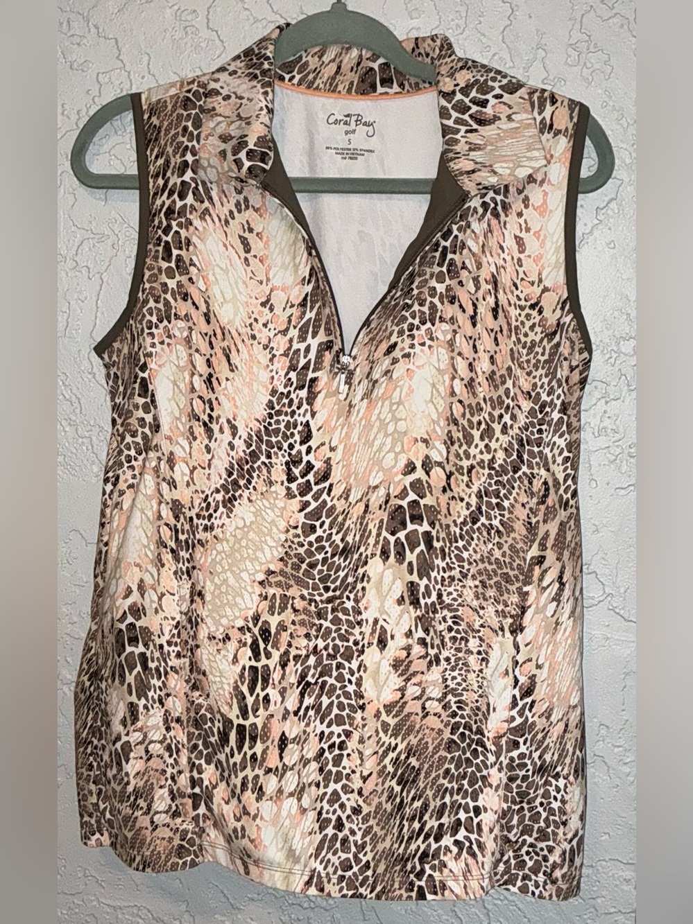 Coral Bay Golf Sleeveless Zip-Front Animal Print Tank in Beige, Peach and Brown